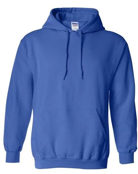 Blue hoodie with a visible Gildan label on a white background