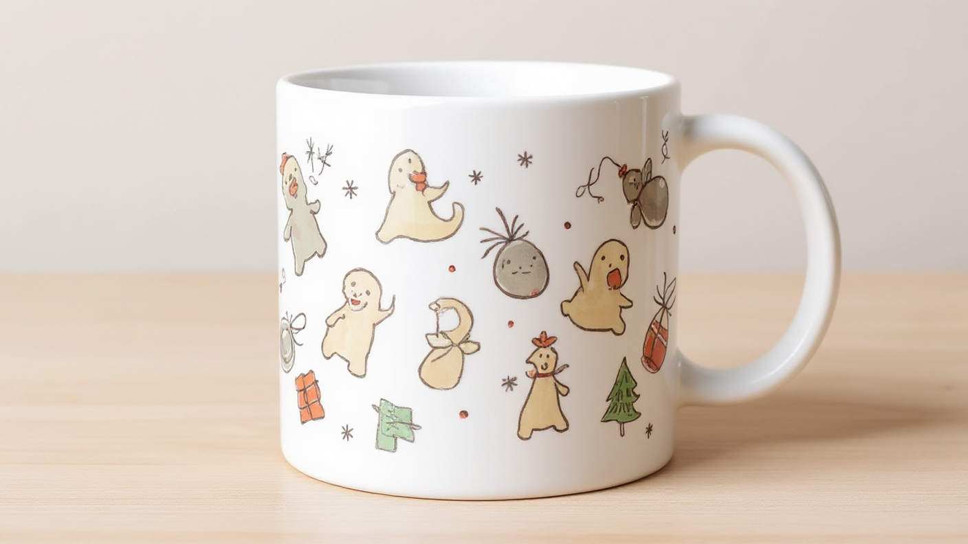 White mug with cartoon character design on a wooden surface