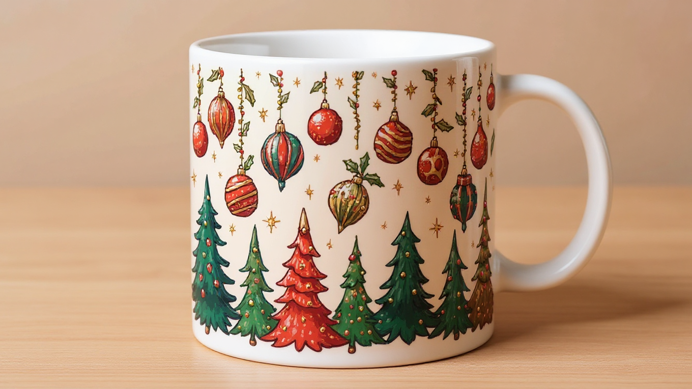 White mug with Christmas-themed design featuring trees and ornaments on a wooden surface.