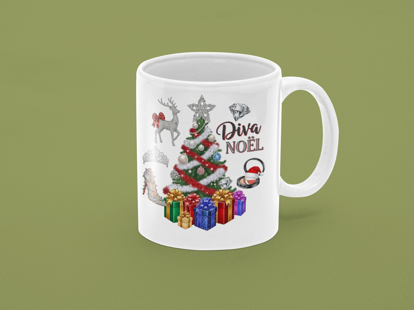 White mug with Christmas-themed design and 'Diva Noèl' text on a green background
