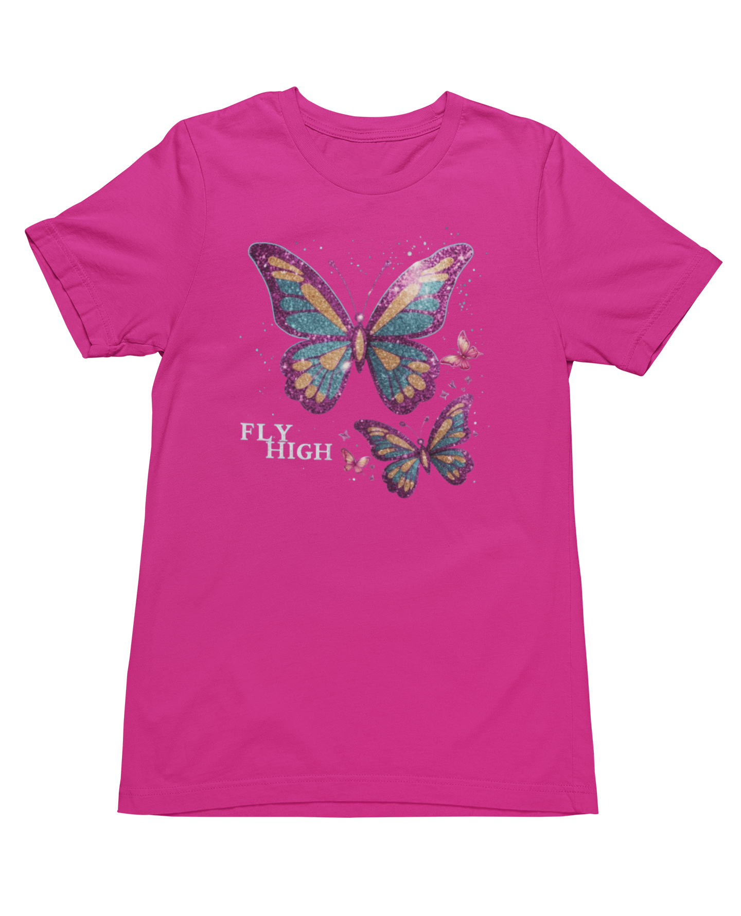 Pink t-shirt with butterfly design and 'FLY HIGH' text on a white background