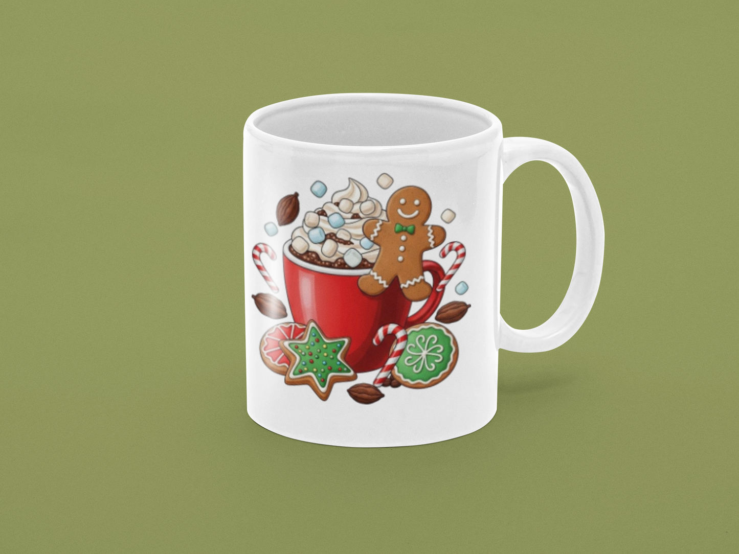 White mug with festive design of a red cup, gingerbread man, and cookies on a green background