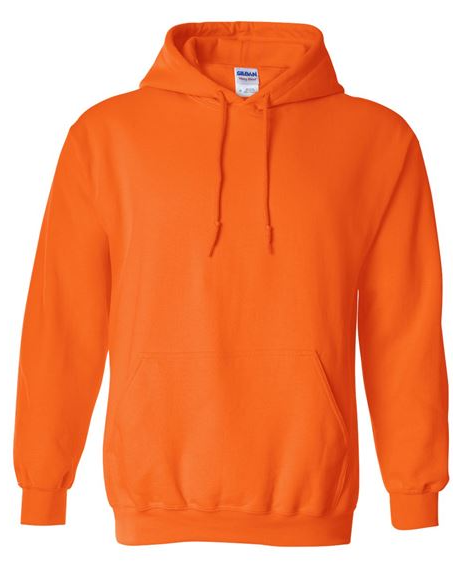 Orange hoodie with Gildan label on a white background