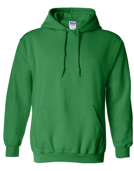 Green hoodie with a visible Gildan label on a white background