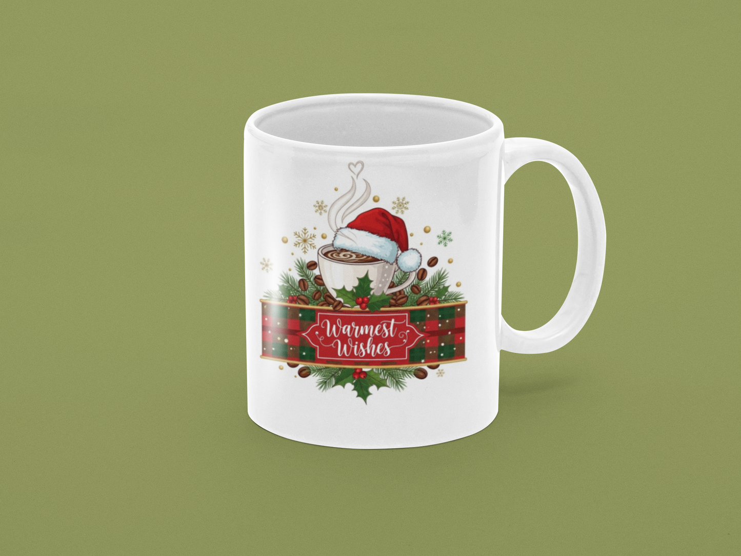 White mug with Christmas-themed design featuring a cup, Santa hat, and 'Warmest Wishes' text on a green background.