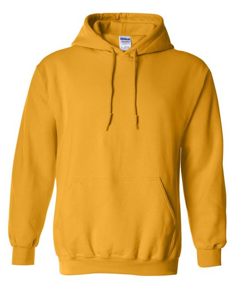 Yellow hoodie with a visible brand label on a white background