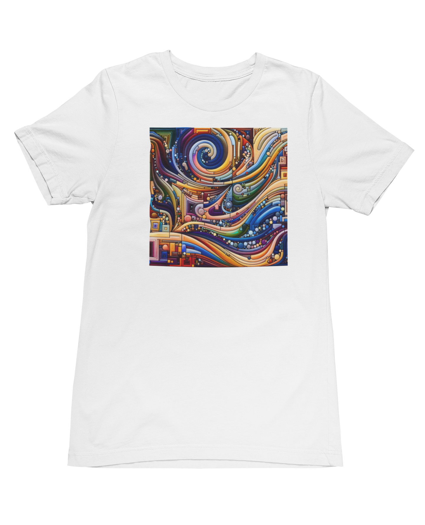 White t-shirt with a colorful abstract design on a white background