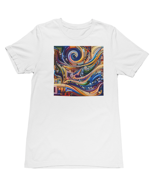 White t-shirt with a colorful abstract design on a white background