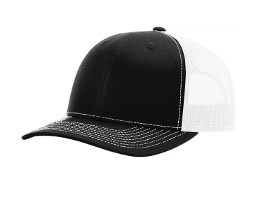 Black and white cap with mesh back on a white background