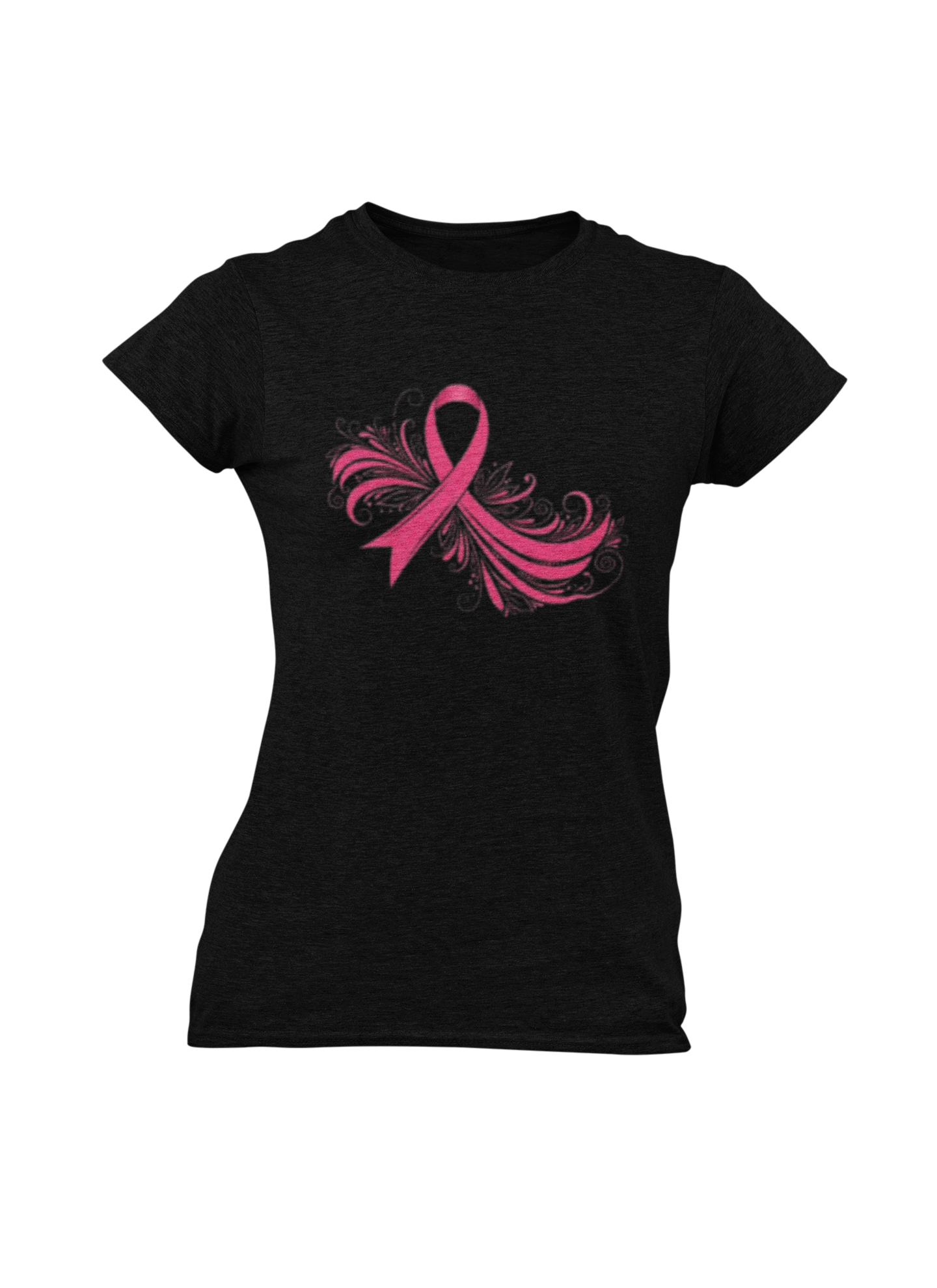 Black t-shirt with a pink ribbon design on a white background