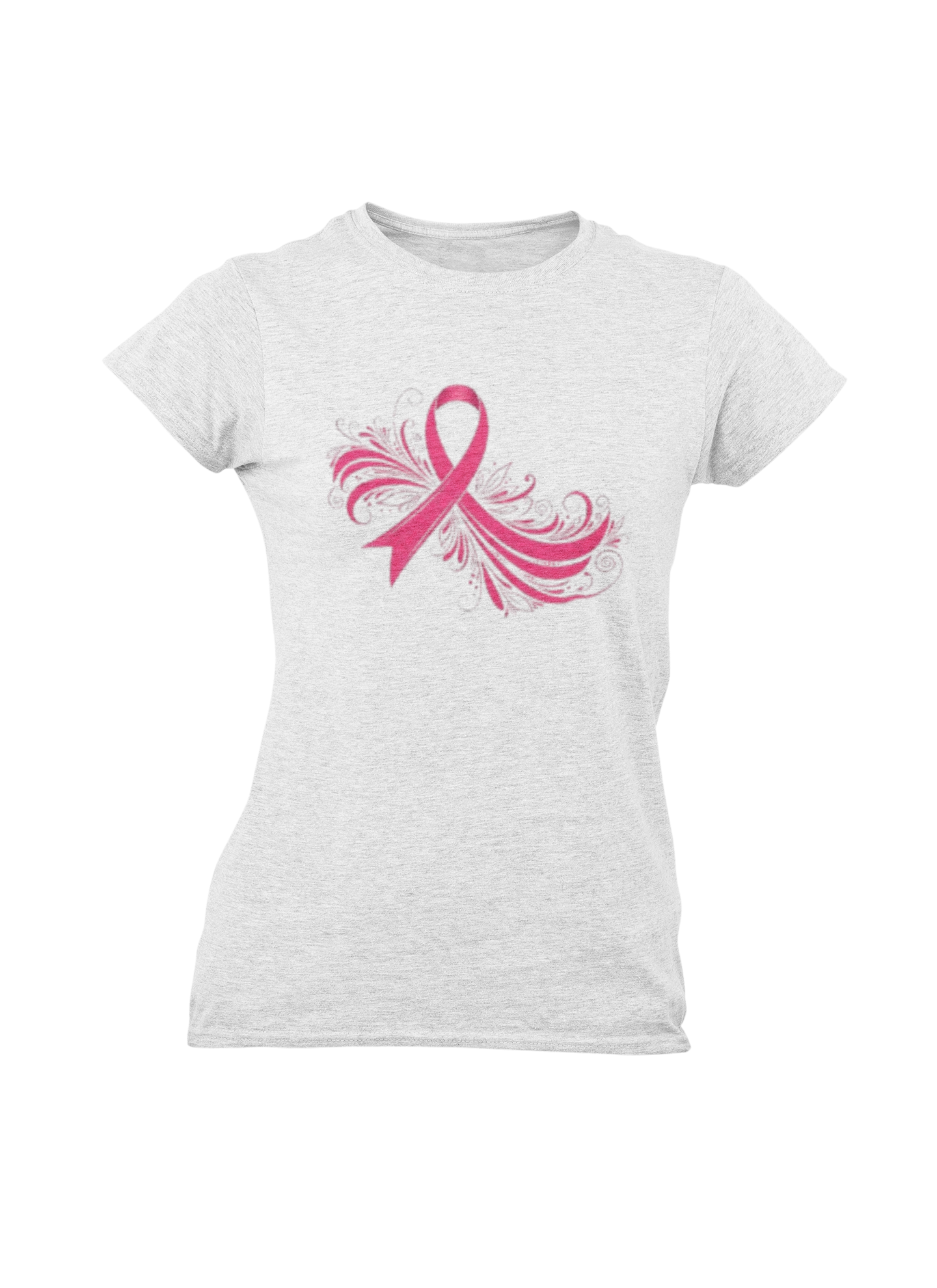 White  t-shirt with a pink ribbon design on a white background