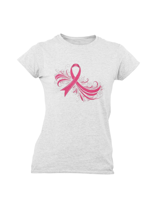 White  t-shirt with a pink ribbon design on a white background