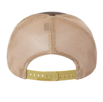 Beige mesh cap with a yellow brim on a white background