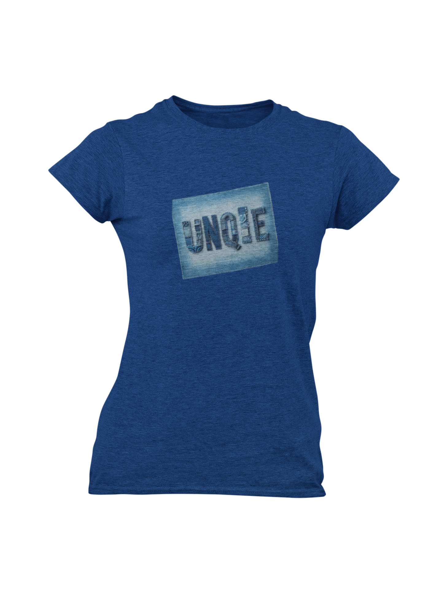 Blue t-shirt with 'UNQIE' logo on a white background