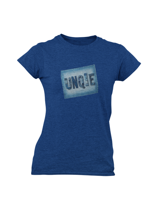 Blue t-shirt with 'UNQIE' logo on a white background
