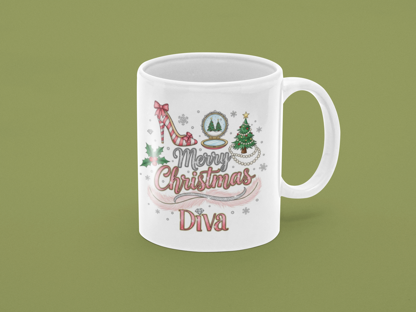 White mug with Christmas-themed design and text on a green background