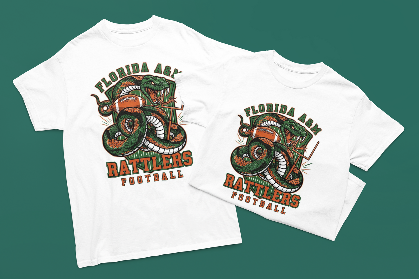 White t-shirt with Florida A&M Rattlers football design on a green background