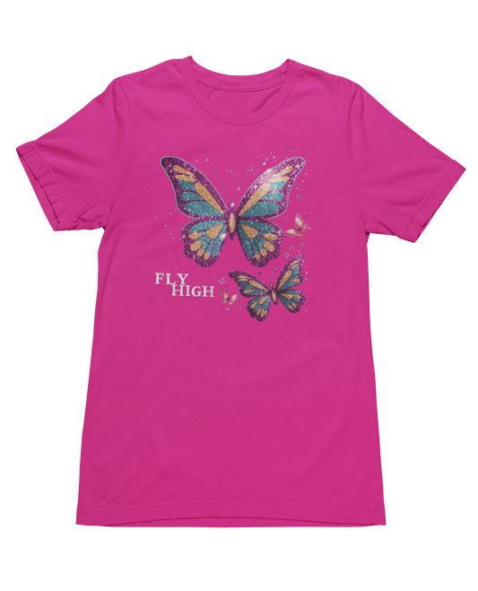 Pink t-shirt with butterfly design and 'FLY HIGH' text on a white background