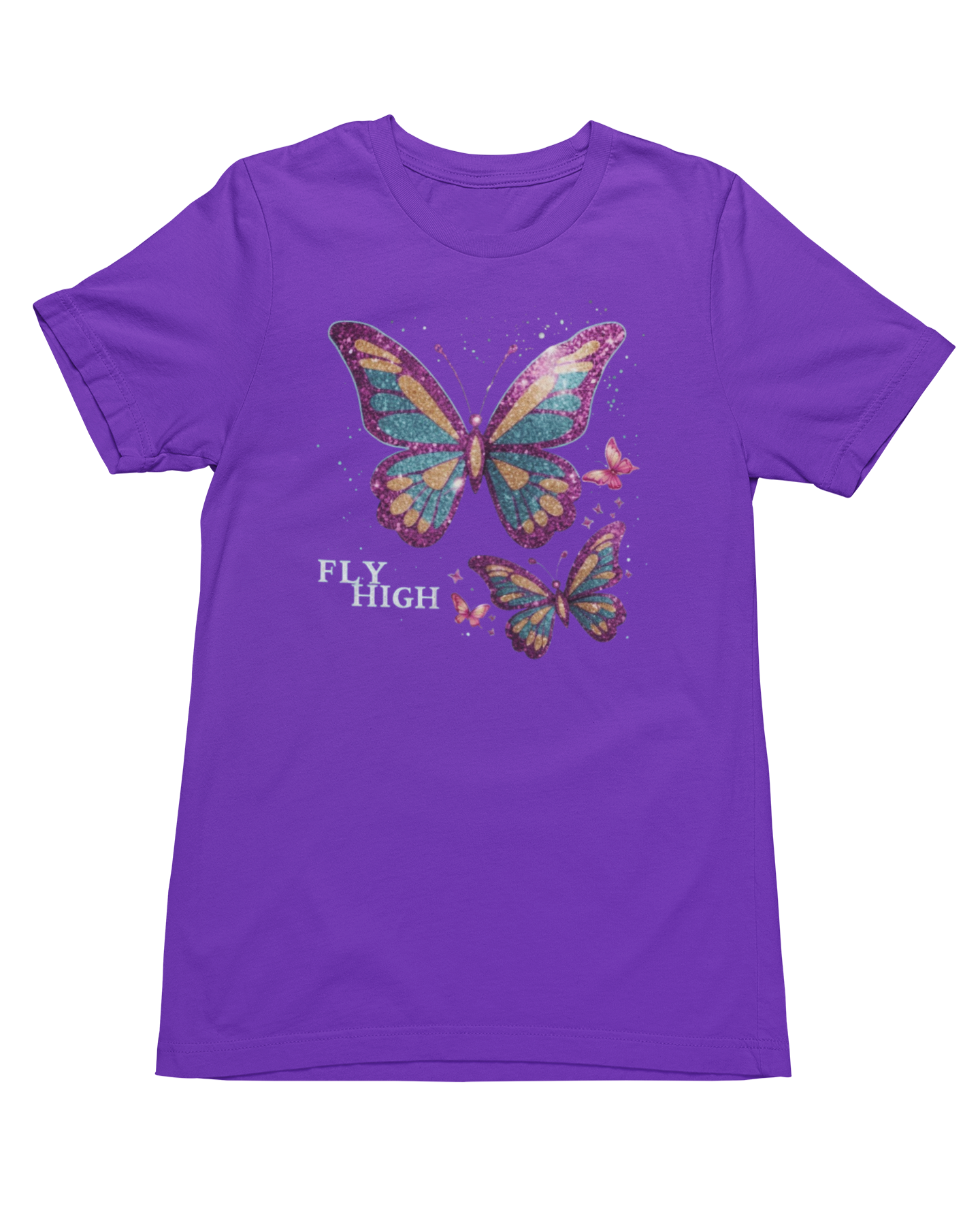 Purple t-shirt with butterfly design and 'FLY HIGH' text on a white background