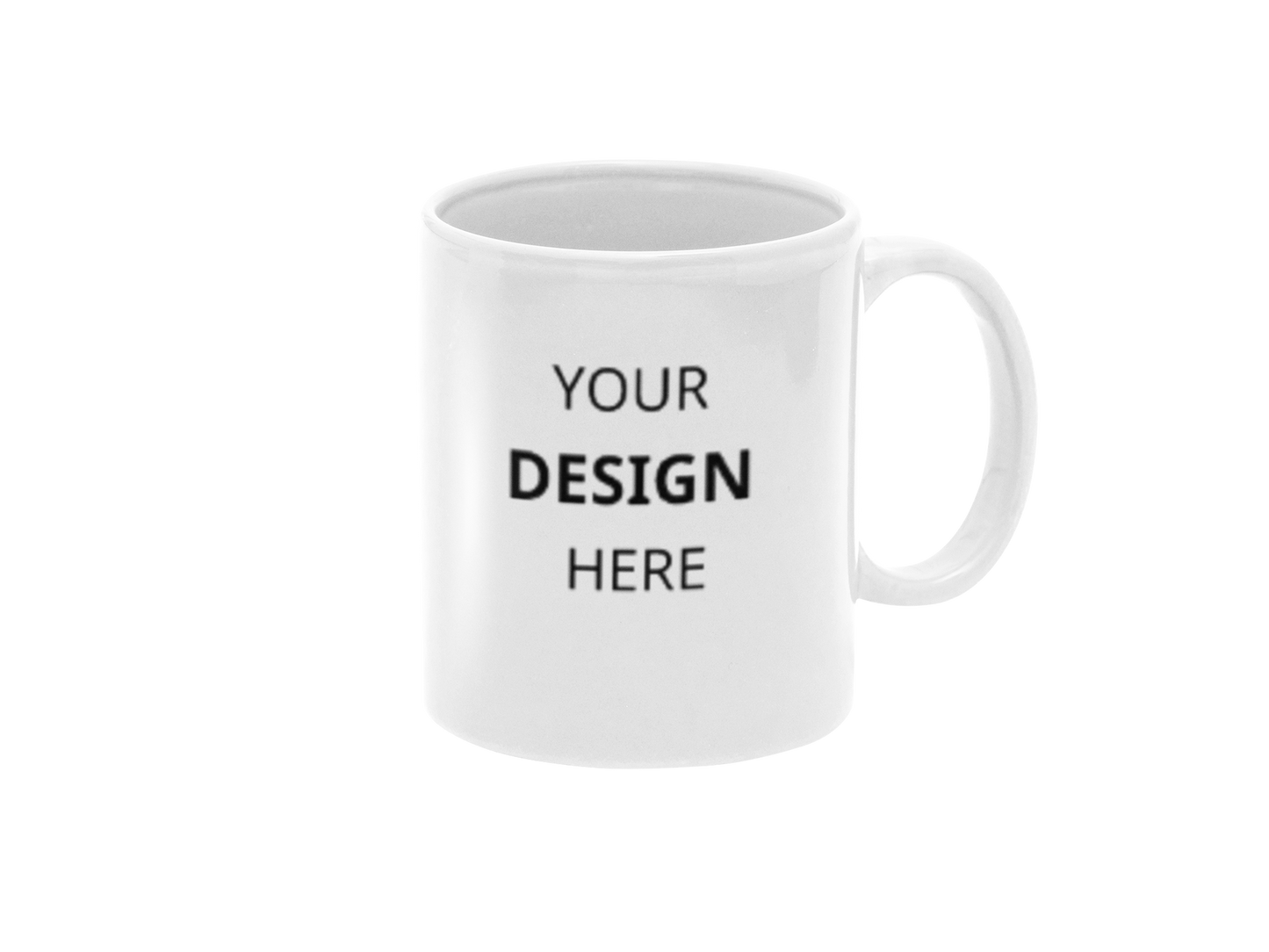 White mug with 'Your Design Here' text on a white background