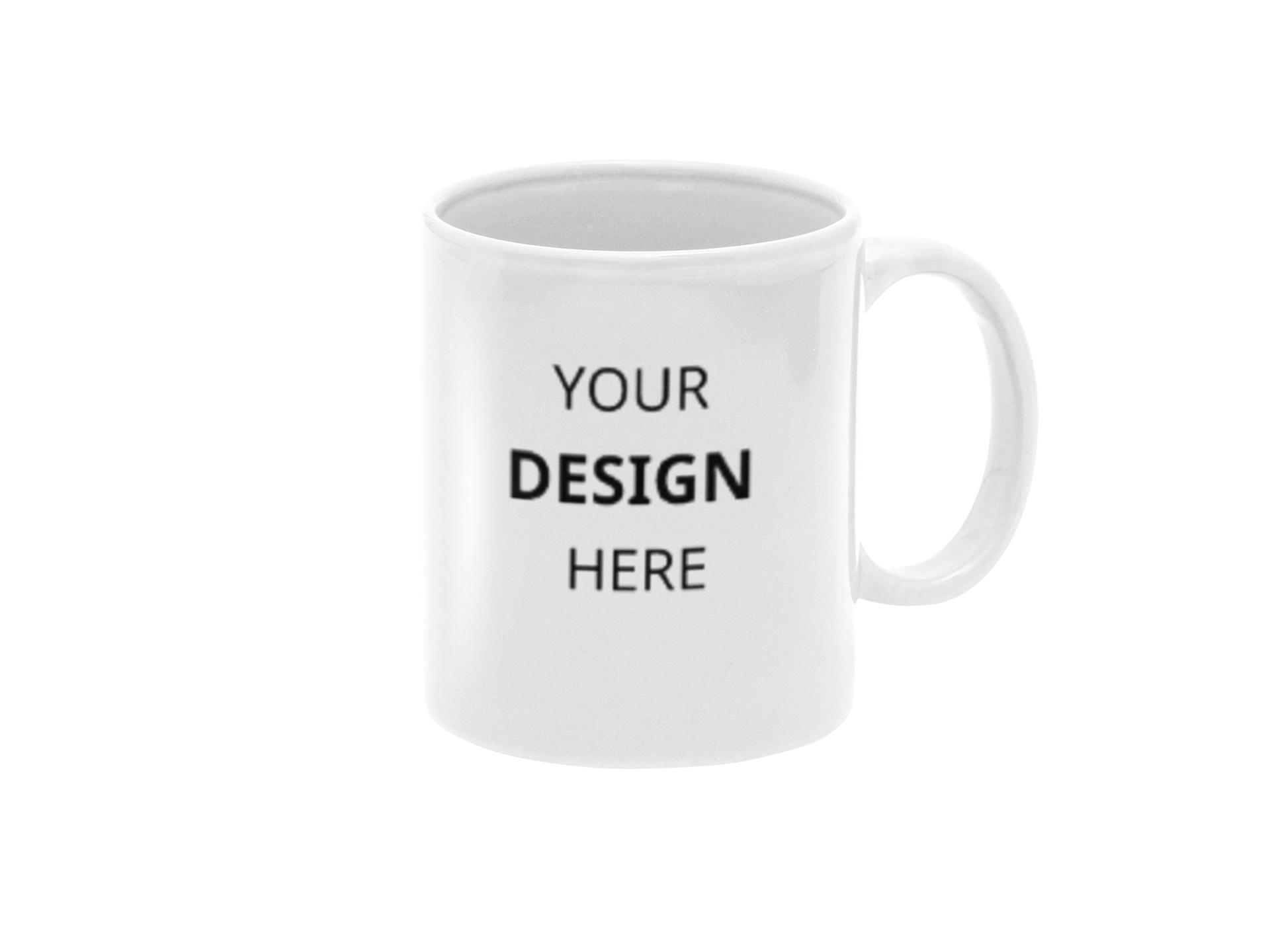White mug with 'Your Design Here' text on a white background