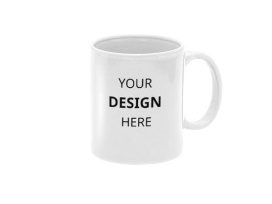 White mug with 'Your Design Here' text on a white background