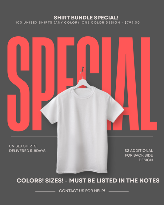Promotional graphic for a shirt bundle special with a white t-shirt on a hanger against a dark background.
