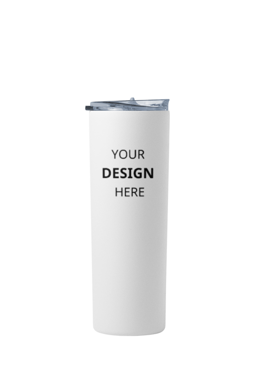 White tumbler with 'Your Design Here' text on a white background