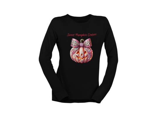 Black long-sleeve shirt with a pumpkin and bow design on a white background