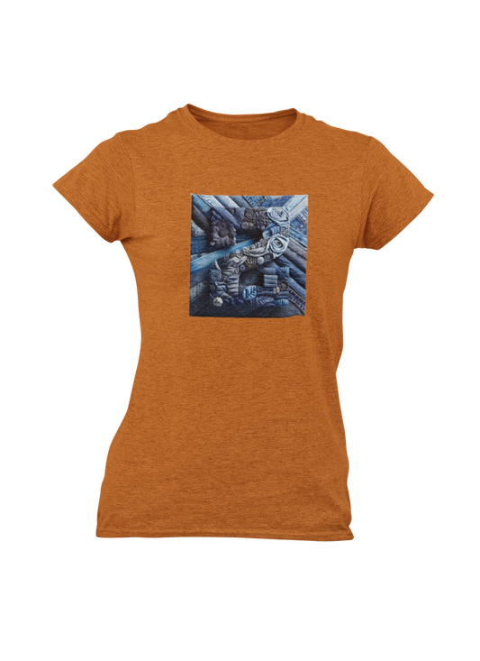 Brownish t-shirt with a graphic of a robot on a white background