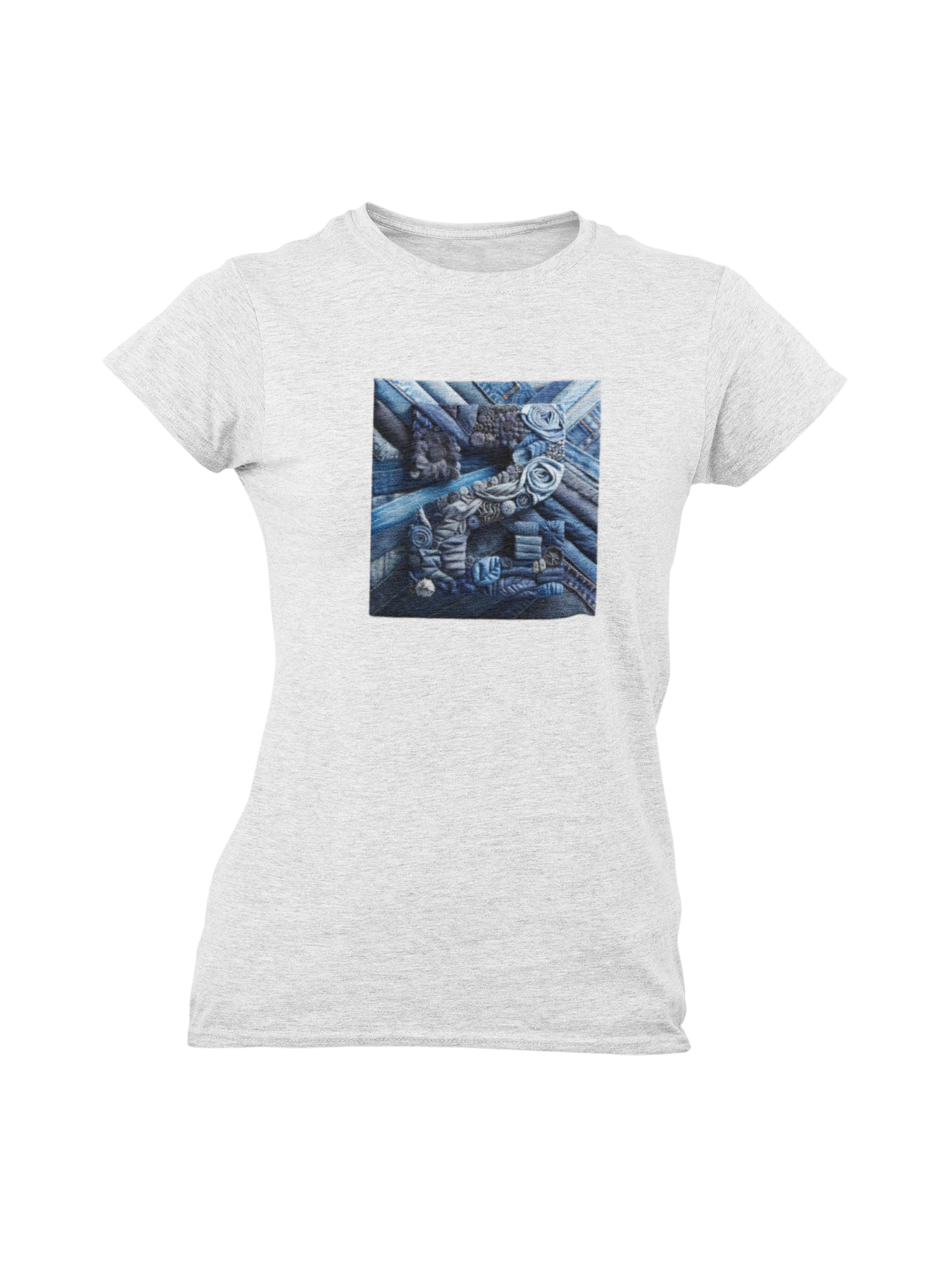 White t-shirt with a graphic design on a white background