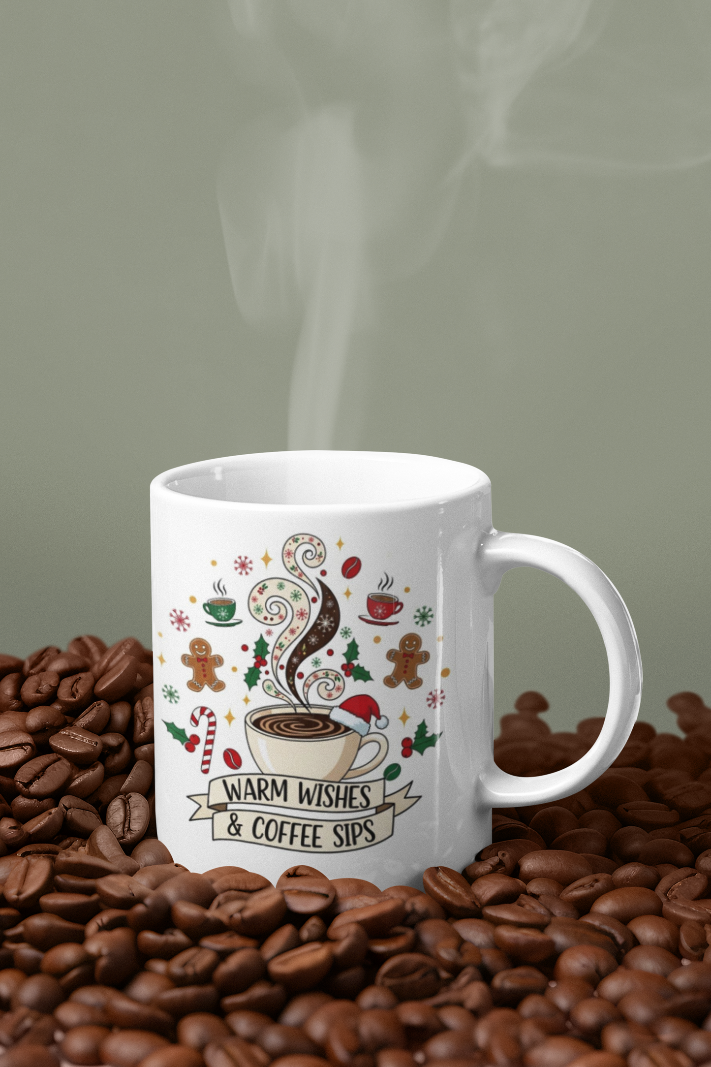 White mug with festive design on a bed of coffee beans with steam rising.
