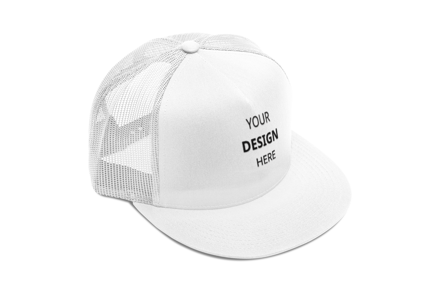 White trucker cap with 'Your Design Here' text on a white background
