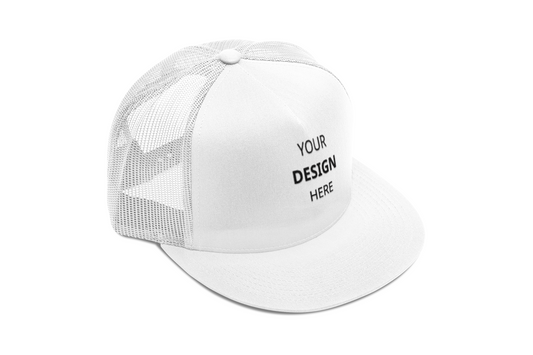 White trucker cap with 'Your Design Here' text on a white background